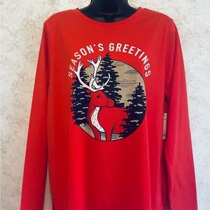 Sonoma Christmas Ladies Tee Shirt Deer Trees Long Sleeve Seasons Greetings Red
